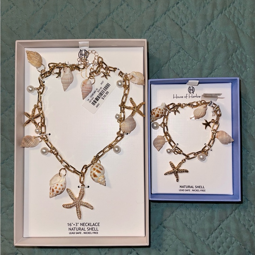 House of Harlow Gold Shell Necklace and Bracelet Set